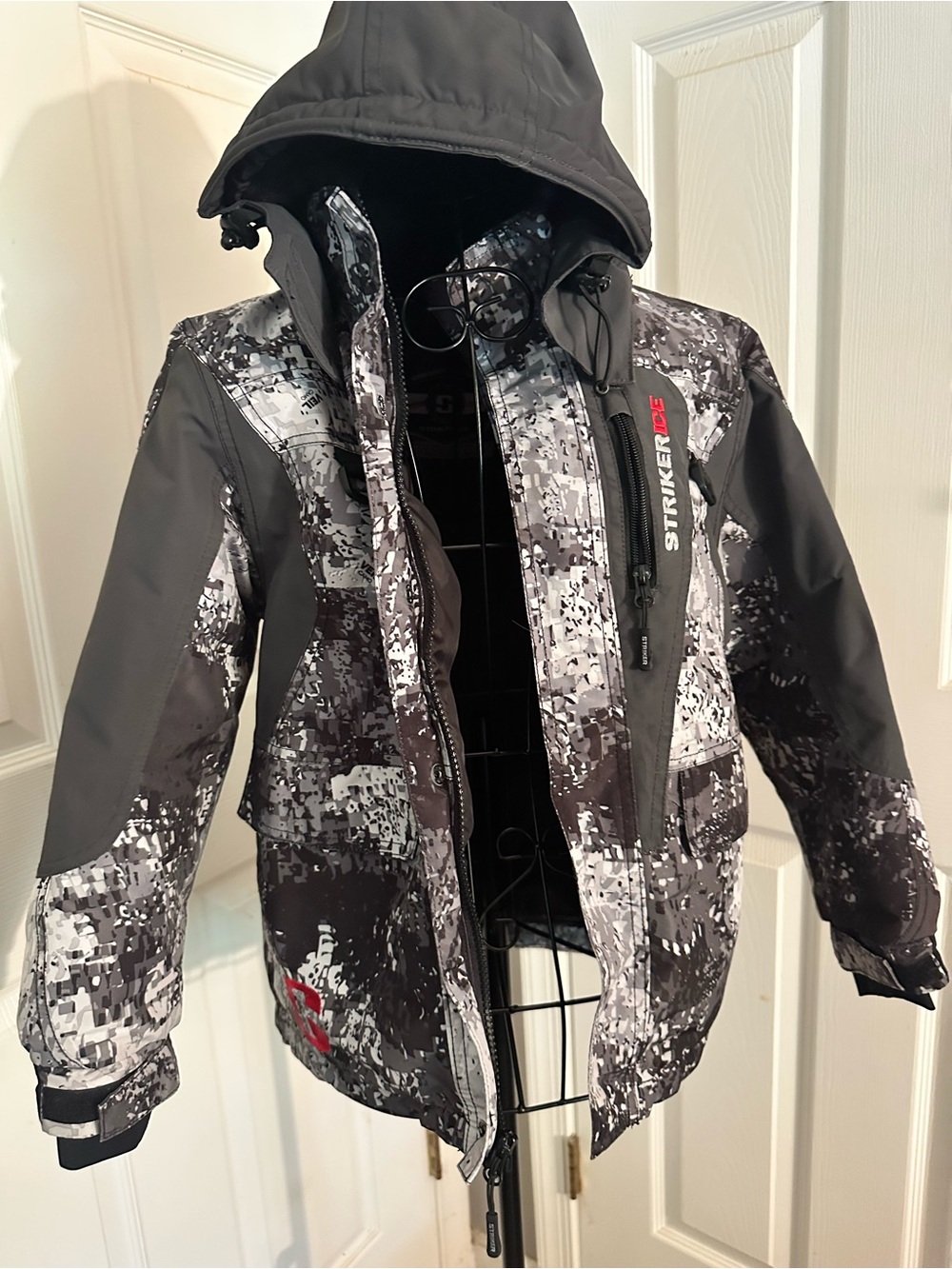 StrikerIce Predator Jacket. black gray camo pattern W/ flotation tech